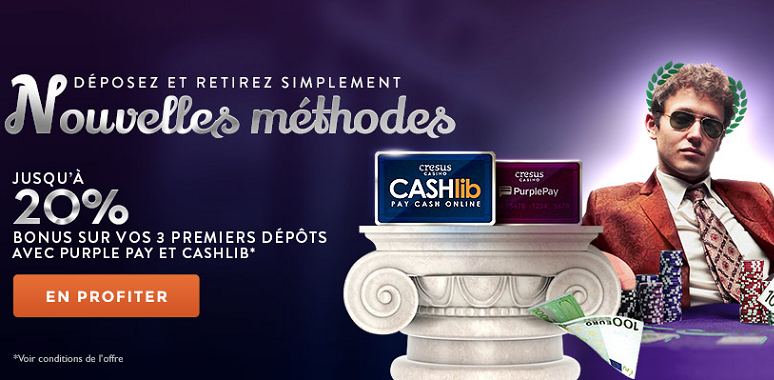 PurplePay et CASHLib : jusqu'à 20% bonus sur cresus casino et Monsieur Vegas !